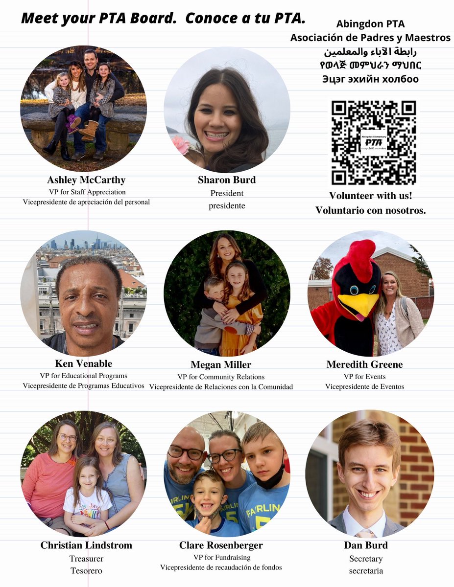 We're excited to introduce our PTA board.  Come volunteer with us!  abingdonpta.org/volunteer/
Estamos emocionados de presentar nuestra junta directiva de la PTA.  Ven a ser voluntario con nosotros! abingdonpta.org/volunteer/