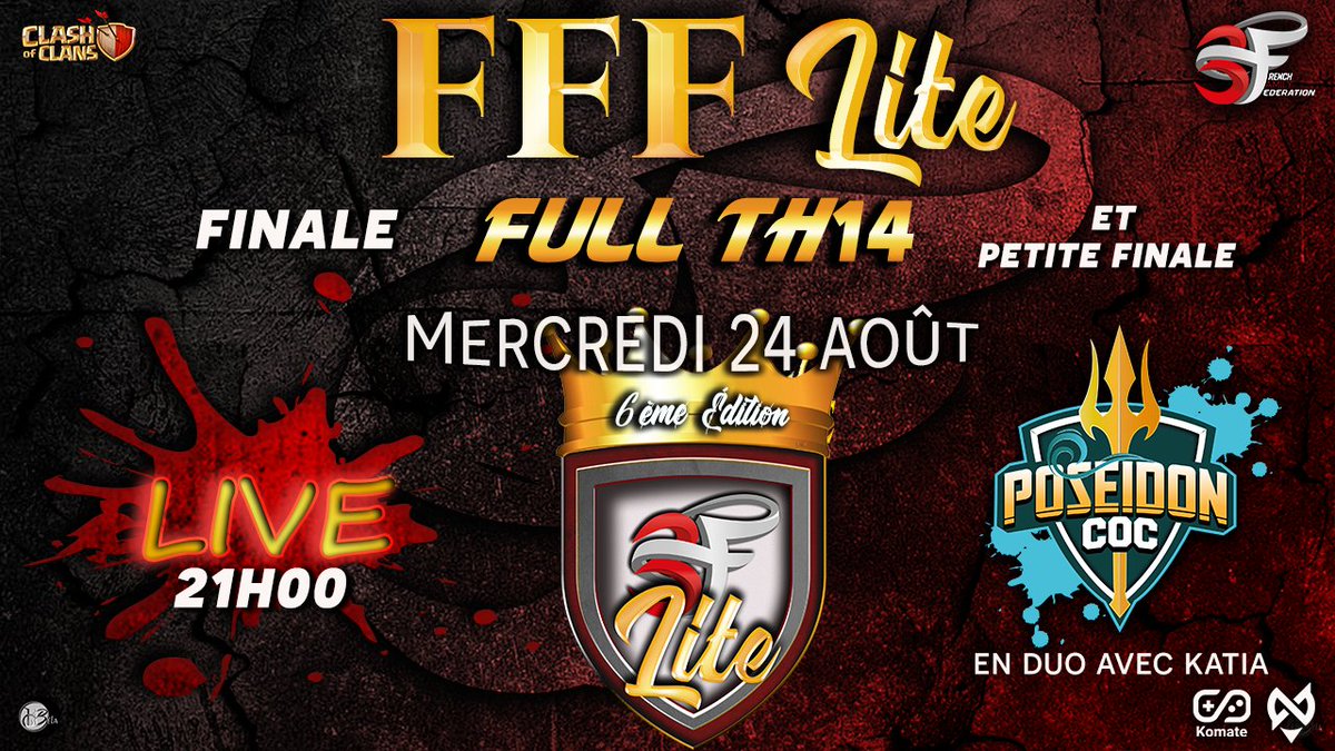 Poseidon COC (@cocposeidon) on Twitter photo On se retrouve ce soir à 21h00 pour la grande finale de la <a href="/3Fcoc/">French Family</a> ainsi que la petite finale.
Je serais accompagné de la sublime <a href="/katiaJCCV/">Katia / J'irai clasher chez vous</a> pour vous présenter les finales.
Rdv sur <a href="/Twitch/">Twitch</a> : twitch.tv/poseidon_coc
Merci a <a href="/BelaMpl/">Hangar B (Béla)</a> pour la minia 😘 On se retrouve ce soir à 21h00 pour la grande finale de la <a href="/3Fcoc/">French Family</a> ainsi que la petite finale.
Je serais accompagné de la sublime <a href="/katiaJCCV/">Katia / J'irai clasher chez vous</a> pour vous présenter les finales.
Rdv sur <a href="/Twitch/">Twitch</a> : twitch.tv/poseidon_coc
Merci a <a href="/BelaMpl/">Hangar B (Béla)</a> pour la minia 😘