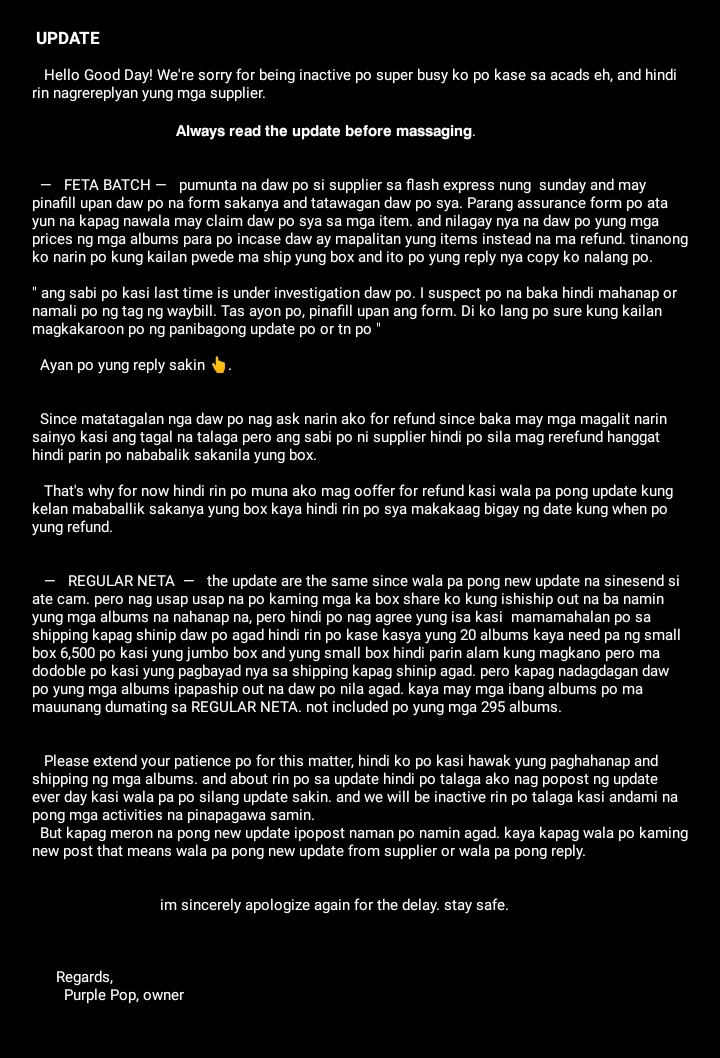 Purple_Pop07's tweet photo. Hi Good eve everyone. 
 Kindly read this current ud from supplier. 

done answering some of your inquiries, p.o will continue answering your dm's tomorrow we're sorry again for being ia super dami na po kasing activity sa USTe. 

We are humbly asking for your patience, Thank you! https://t.co/GKcjyOK45z