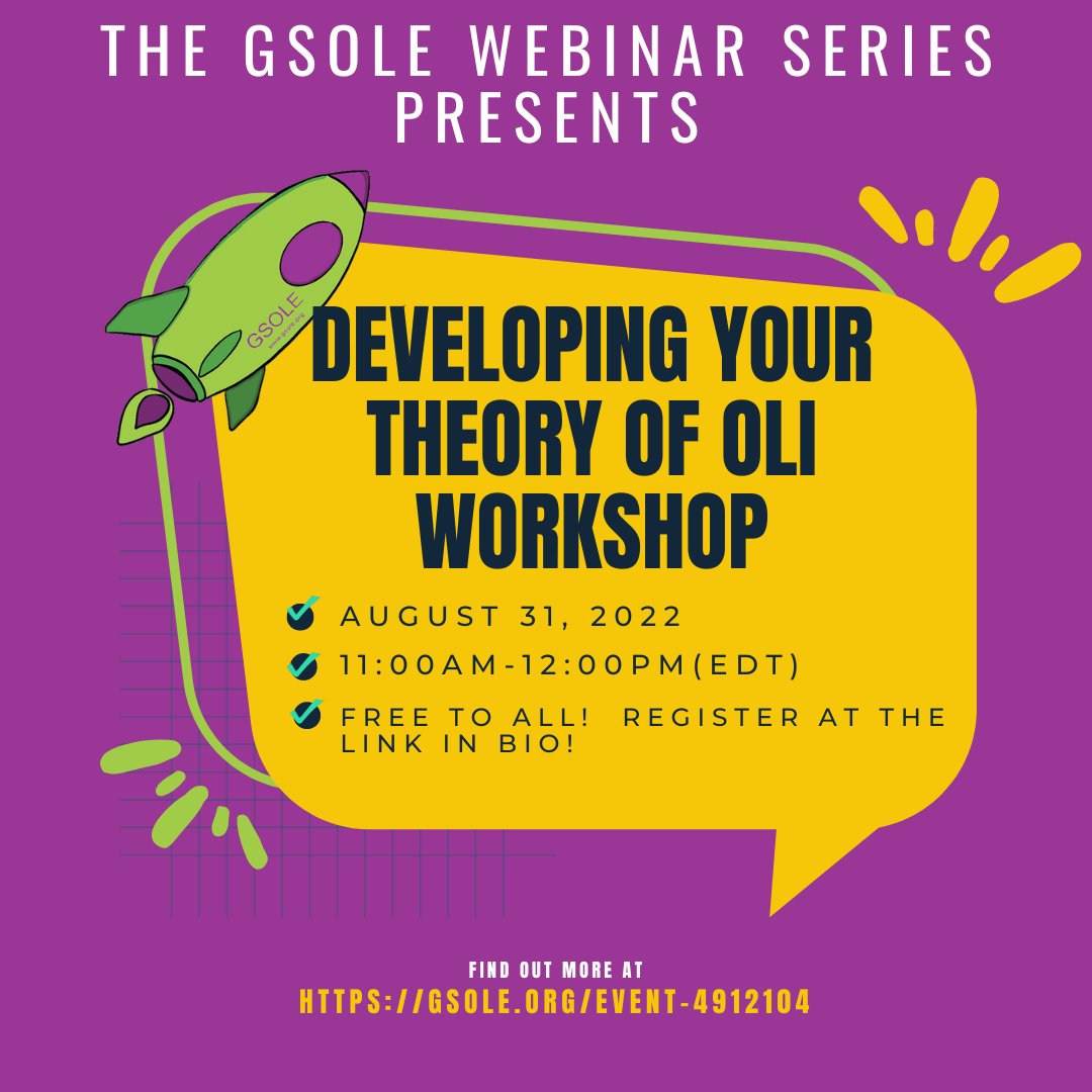 gsoleducators's tweet photo. Join us on August 31, 2022 from 11:00am-12:pm (EDT) for "Developing Your Theory of OLI" Workshop!! Register at the link below and be sure to follow #GSOLE on all your favorite social platforms! 

https://t.co/Bro4yr9UCQ https://t.co/Lh5ZVFNadO