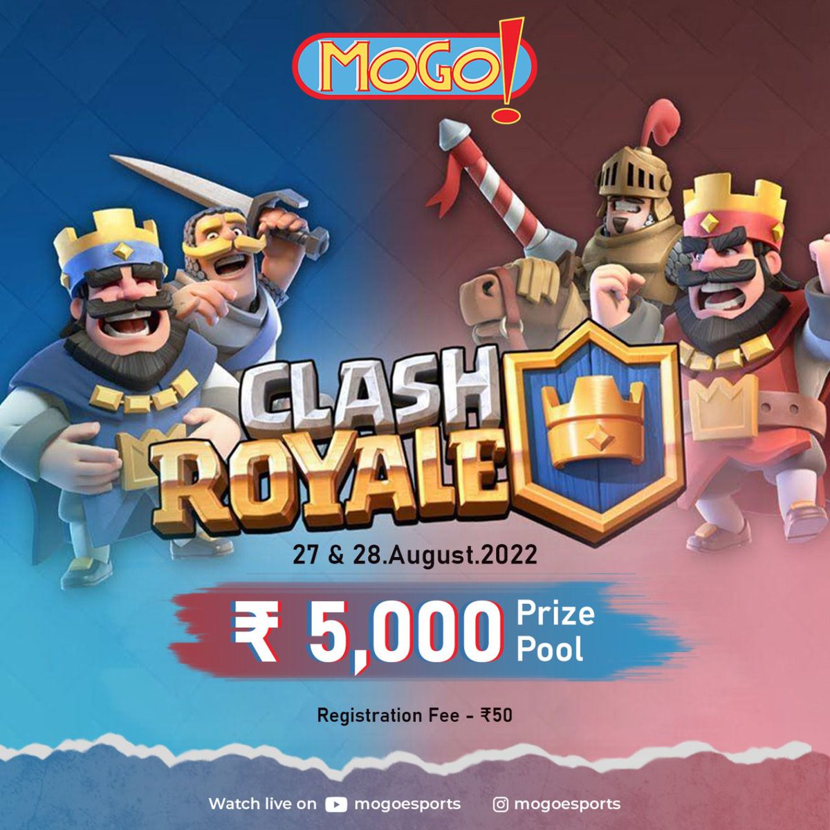 mogoindia's tweet photo. There is room for all at MOGO! ✨ Clash Royale players, we got your backs, here’s your moment. Register now🤜🏻🤛🏻
Dates: 27th & 28th August’22
Prize Pool: 5000
Games will be broadcasted live on the mogoesports Youtube handle.
#clashroyale #esports #langames #mobilegames https://t.co/LZUKut3ty9