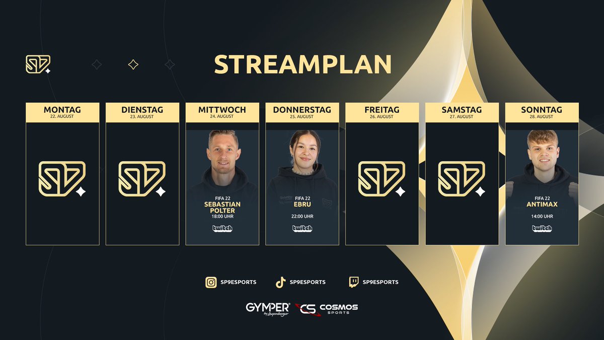 SP9Esports's tweet photo. 📺 Unser Streamplan für den Rest der Woche! 🔥

Polti setzt sich heute wieder ins  🏎 und ist mit Teamkollege Tom Krauß bei der F1 Streamer WM 2022 dabei 🔥 Unbedingt einschalten! 🤝

🟡⚫️🎮 #WatchUsPolter #sp9wirdbaldganzgroß

#fifa #fut #stream #gaming #fifa23 #streamplan #f122 https://t.co/56J8KQLJ5s