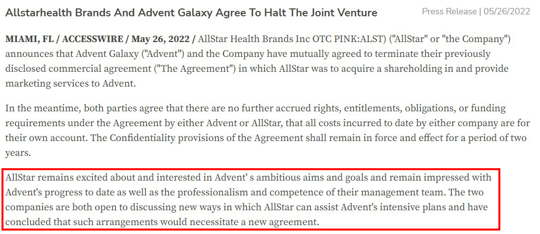 Chip_otc's tweet photo. $ALST was striving to cooperate with Advent Galaxy
-26/05 The companies terminated the LOI. "The two companies are both open to discussing new ways in which AllStar can assist Advent's intensive plans and have concluded that such arrangements would necessitate a new agreement." https://t.co/aqXrJCzJGa