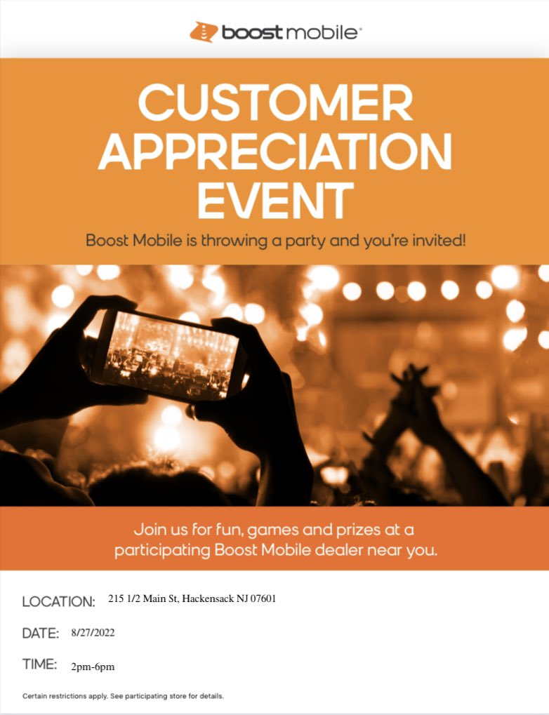 SteveKBoostmobile (@stevekboost) on Twitter photo Join Boost Mobile Dj Event Saturday 8/27 2-6pm💥💥💥FREE 📱 when u SWITCH &More #BoostMobile#Partytime#Giveback#Jerseystrong#Hackensack <a href="/mattmboost/">Matt M</a> <a href="/BoostSylver/">BoostMobileSylver</a> <a href="/S00536915/">Shawn A</a> @BoostMobileJose @Vonicewashere <a href="/marco_Marceco/">Marco Solorzano</a> Join Boost Mobile Dj Event Saturday 8/27 2-6pm💥💥💥FREE 📱 when u SWITCH &More #BoostMobile#Partytime#Giveback#Jerseystrong#Hackensack <a href="/mattmboost/">Matt M</a> <a href="/BoostSylver/">BoostMobileSylver</a> <a href="/S00536915/">Shawn A</a> @BoostMobileJose @Vonicewashere <a href="/marco_Marceco/">Marco Solorzano</a>