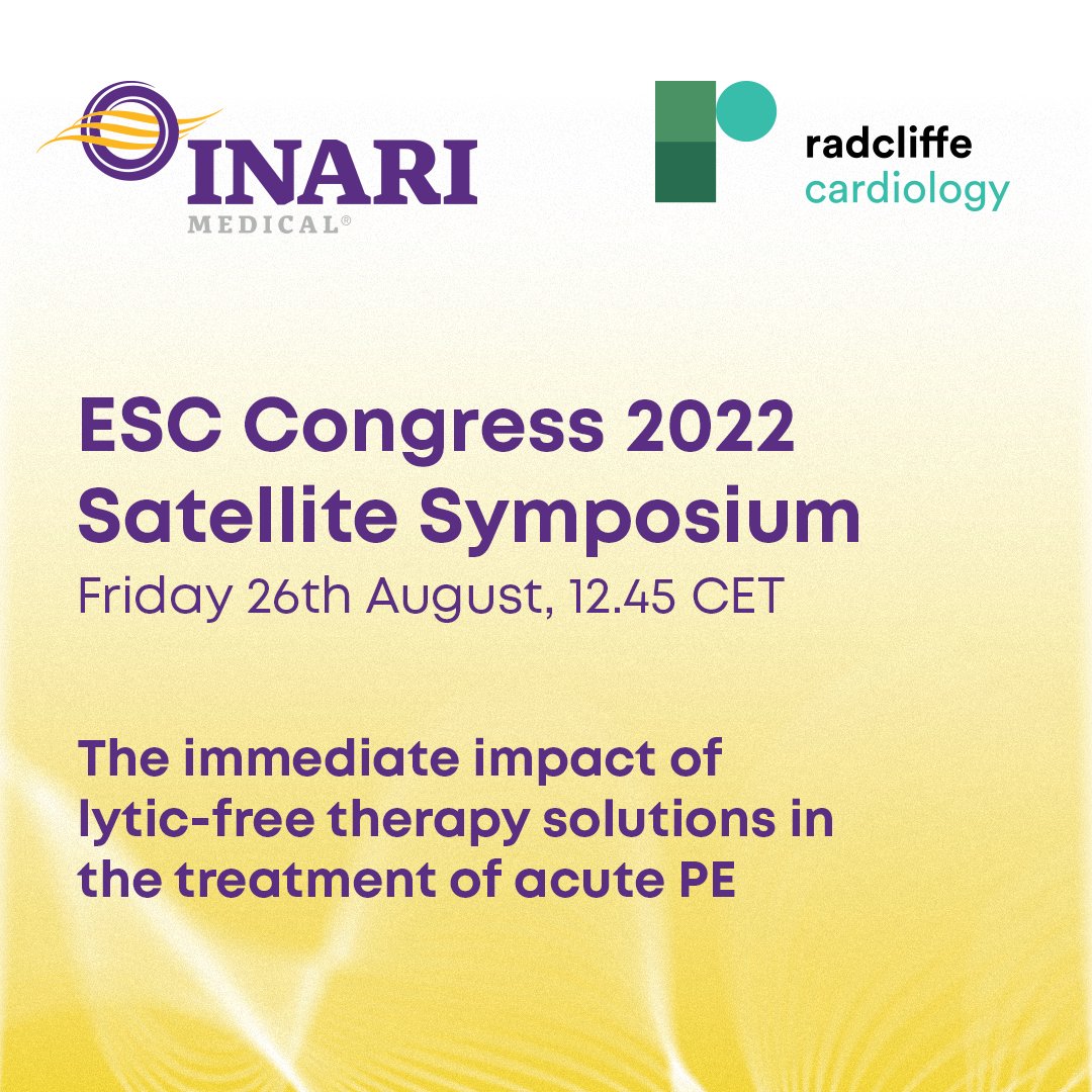 radcliffeCARDIO's tweet photo. ESC 2022 LIVE Satellite Symposium – Treatment of acute #PE with no lytics? What is the option?

Hear from the experts  ➡️ Profs Stefan Stortecky, Felix Mahfoud and Nils Kucher on 26 August at 12:45 CET 👉
https://t.co/VTQSmkcIF4

Get involved in Barcelona! 🇪🇸
@InariMedical https://t.co/TDWoKwfzFy