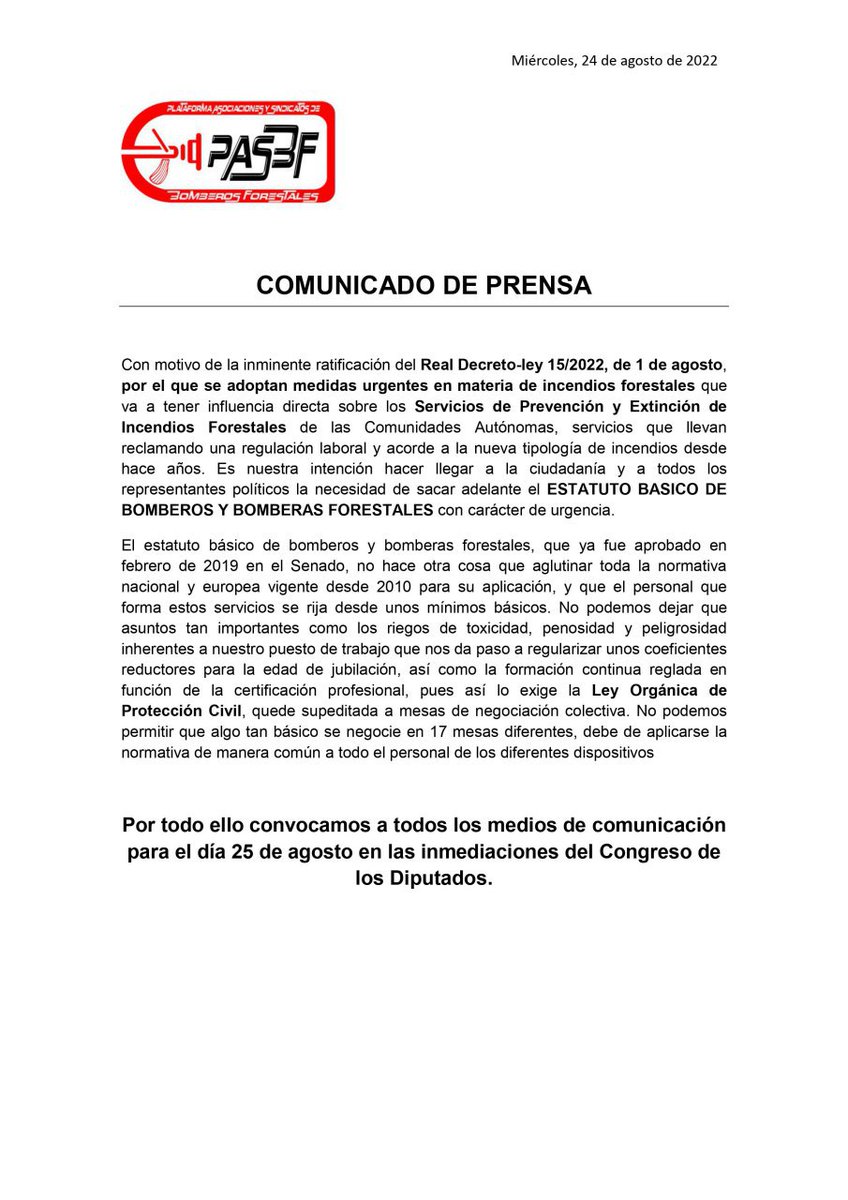 PASBF's tweet photo. Convocamos a todos los medios de comunicación mañana día 25 de agosto sobre las 12:00h en las inmediaciones del Congreso de los Diputados.
@EFEnoticias @el_pais 
@noticias_cuatro @sextaNoticias @elmundoes @abc_es @informativost5 @La1_tve @antena3com @ReutersEspana https://t.co/YpNihqDbNE