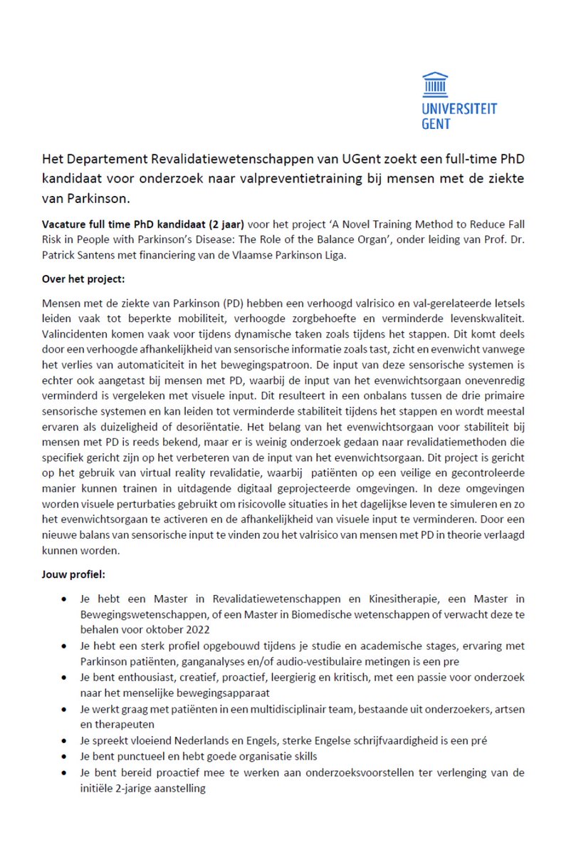 BaggenR's tweet photo. @Reva_UGent is op zoek naar een PhD kandidaat voor ons onderzoeksproject naar valpreventie bij mensen met Parkinson in #VirtualReality Kandideren via email! @BaggenR @ankevanbladel @santens1 @dirkcambier @miet_de @parkinsonliga @KBS_FRB https://t.co/4CCmViacjy