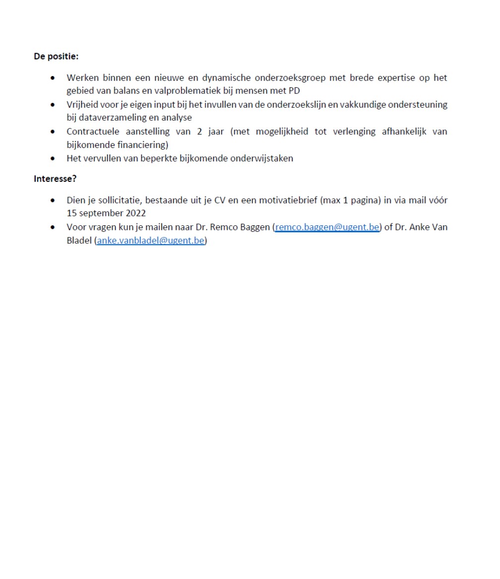 <a href="/Reva_UGent/">Vakgroep Revalidatiewetenschappen UGent</a> is op zoek naar een PhD kandidaat voor ons onderzoeksproject naar valpreventie bij mensen met Parkinson in #VirtualReality Kandideren via email! <a href="/BaggenR/">Remco Baggen</a> <a href="/ankevanbladel/">Anke Van Bladel</a> <a href="/santens1/">patrick santens</a> @dirkcambier @miet_de <a href="/parkinsonliga/">Vl. Parkinson Liga</a> <a href="/KBS_FRB/">Koning Boudewijnstichting</a>