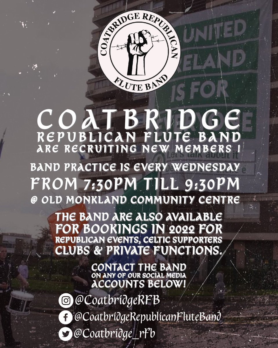 coatbridge_rfb's tweet photo. 📢 BAND PRACTICE TONIGHT ‼️

Band Practice is every Wednesday night from 7:30PM till 9:30PM in Old Monkland Community Centre.

New members welcome.

✊🏻🇮🇪 https://t.co/BaivHdUp2i
