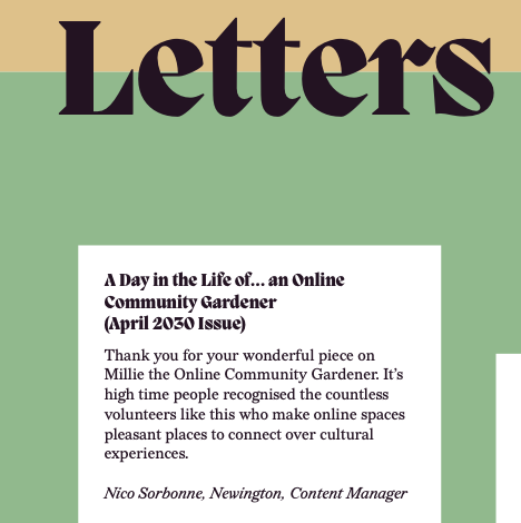 FestForwardMag's tweet photo. How will we take care of online cultural spaces in 2030? Will digital audiences be taking a break in an online community garden? Find more stories from fictional #festforwardmag readers on the letters page at https://t.co/mCk6akDj7z... https://t.co/v51jwH436y