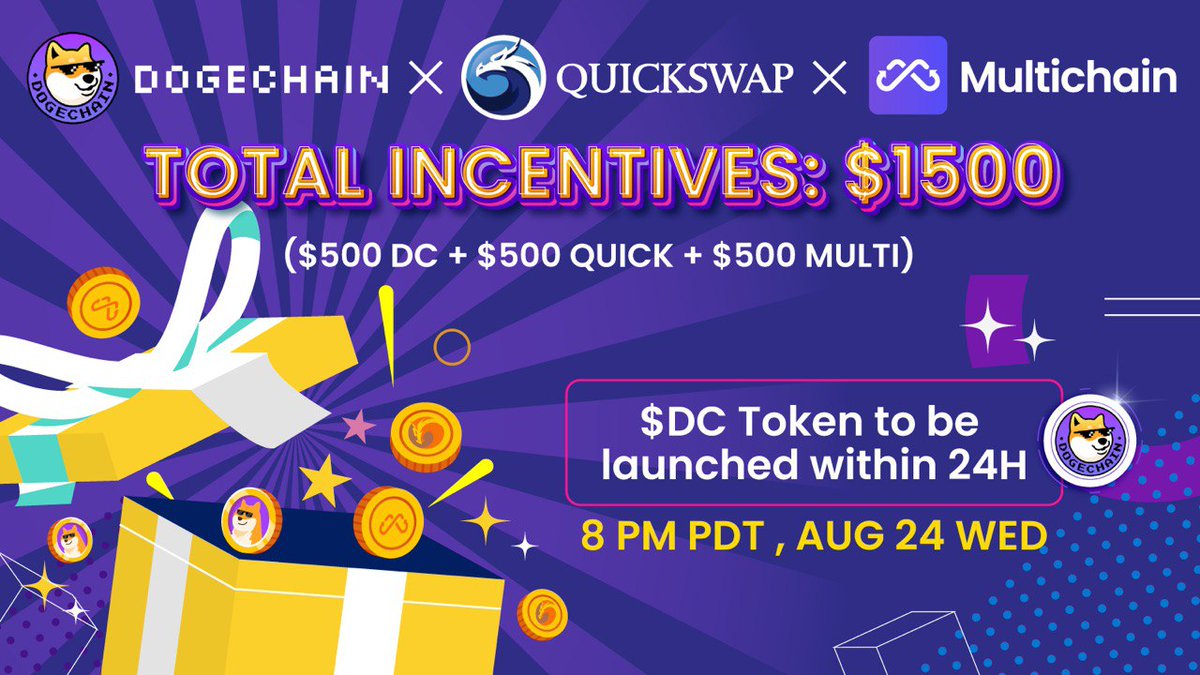 To celebrate #DCLaunch, joint #giveaway w/#Dogechain x Quickswap arrives  now! 🎁$1500 to 30ppl To enter 1⃣Follow @DogechainFamily @QuickswapDEX  @MultichainOrg 2⃣Like, RT & tag 3 frens 3⃣Comment with Dogechain x  QuickSwap x Multichain
