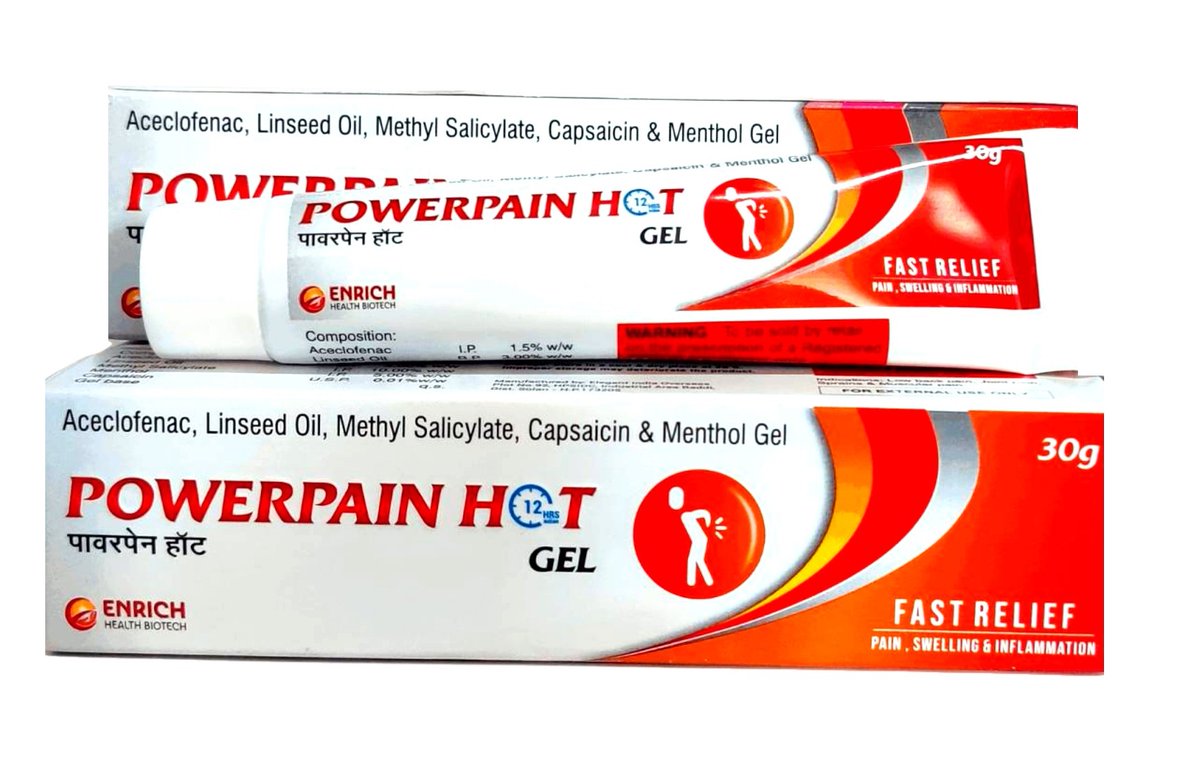 enrich_biotech's tweet photo. POWERPAIN HOT GEL belongs to a class of medications called (pain killer) primarily used to relieve joint pain, low back pain, muscle sprain and sports injuries.#ACECLOFENAC+#CAPSAICIN+#MENTHOL+#METHL #SALICYLATE #pain #jointpain #thumb #knee #shoulder #tenniselbow #tenis #elbow https://t.co/8jhbov7HJY
