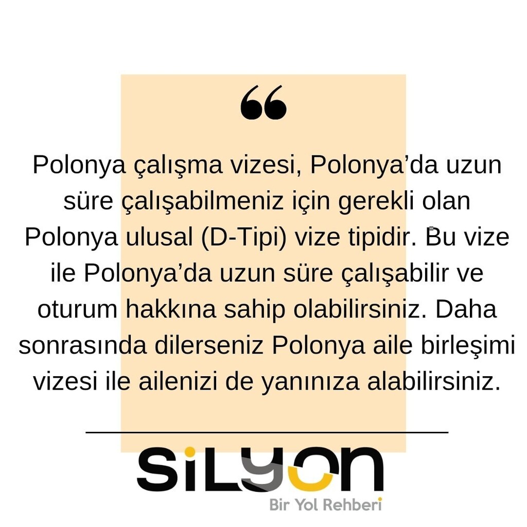 "Polonya çalışma vizesi, Polonya’da uzun süre çalışabilmeniz için gerekli olan Polonya ulusal (D-Tipi) vize tipidir. Bu vize ile Polonya’da uzun süre çalışabilir ve oturum hakkına sahip olabilirsiniz. Daha sonrasında dilerseniz Polonya aile birleşimi viz… instagr.am/p/ChpBCozqS7K/