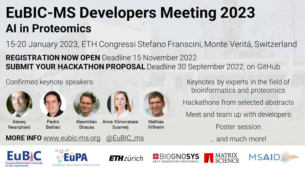 EuBIC-MS (@eubic_ms) on Twitter photo Registration for the #EuBIC2023 Developers Meeting is now open! Get ready for a full week of hackathons, keynotes, posters, and more! 🧑💻🧑🏫📊
All at the <a href="/ETH_en/">ETH Zurich</a> meeting platform Congressi Stefano Franscini on the beautiful Monte Verità 🌄 in Switzerland🇨🇭
eubic-ms.org/events/2023-de… Registration for the #EuBIC2023 Developers Meeting is now open! Get ready for a full week of hackathons, keynotes, posters, and more! 🧑💻🧑🏫📊
All at the <a href="/ETH_en/">ETH Zurich</a> meeting platform Congressi Stefano Franscini on the beautiful Monte Verità 🌄 in Switzerland🇨🇭
eubic-ms.org/events/2023-de…