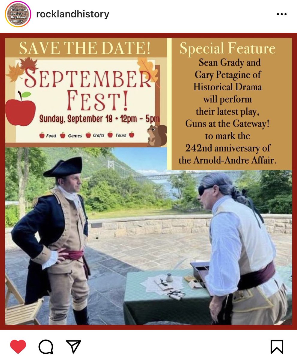 Andre_Sapient's tweet photo. Good morning! ☀️ 

Saw this on IG - definitely wanted to pass this along to you!
Rockland County is hosting an event in 4 weeks, feat. a show re: the #BenedictArnold #JohnAndre #WestPointPlot !☺️
#AmRev #VisitNY #TURNfam https://t.co/5pu7wjB2gn