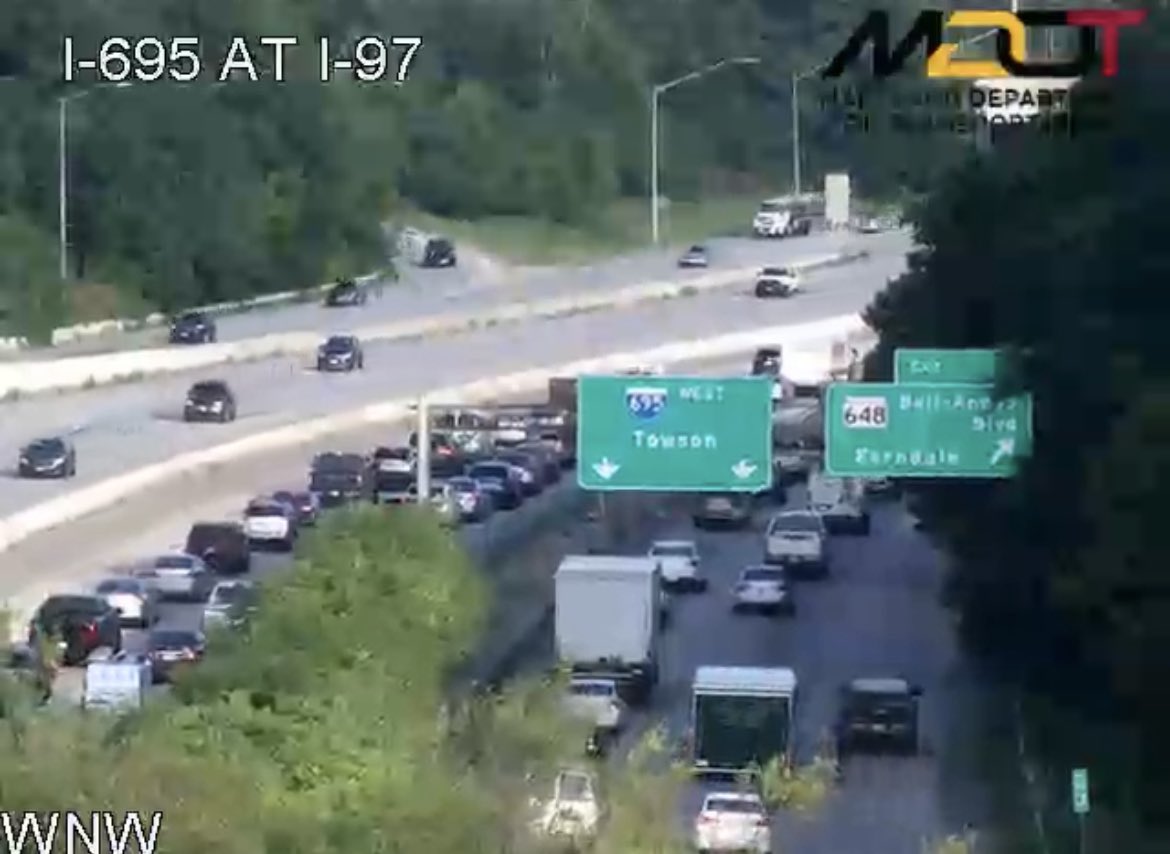 TonyOnTraffic's tweet photo. Delays on the IL of the beltway heading toward the crash at MD-648 blocks the left lane. Delays begin from Arundel Expy and heavy delays on 1-97 approaching the beltway. @wbalradio @98Rock #wbaltraffic #Linthicum https://t.co/GBUoD7dnSU