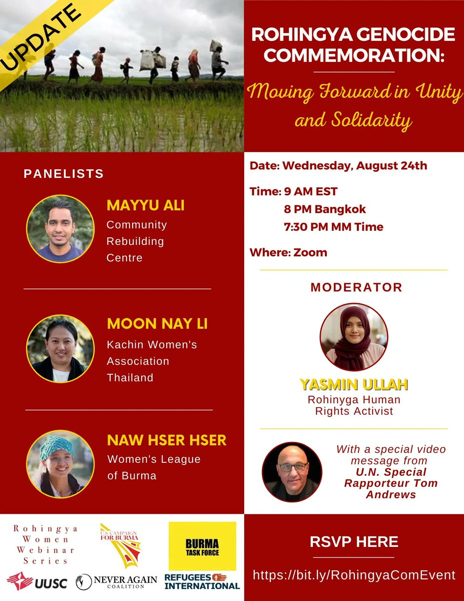 It's not too late to join @YasminJUllah, <a href="/AliMayyu/">Mayyu Ali</a>, Moon Nay Li and <a href="/NawHserHser/">Naw Hser Hser</a> for a discussion on unity and solidarity for #Rohingya. Opening statement by <a href="/RapporteurUn/">UN Special Rapporteur Tom Andrews</a>

Register to attend:

buff.ly/3ch4p0z