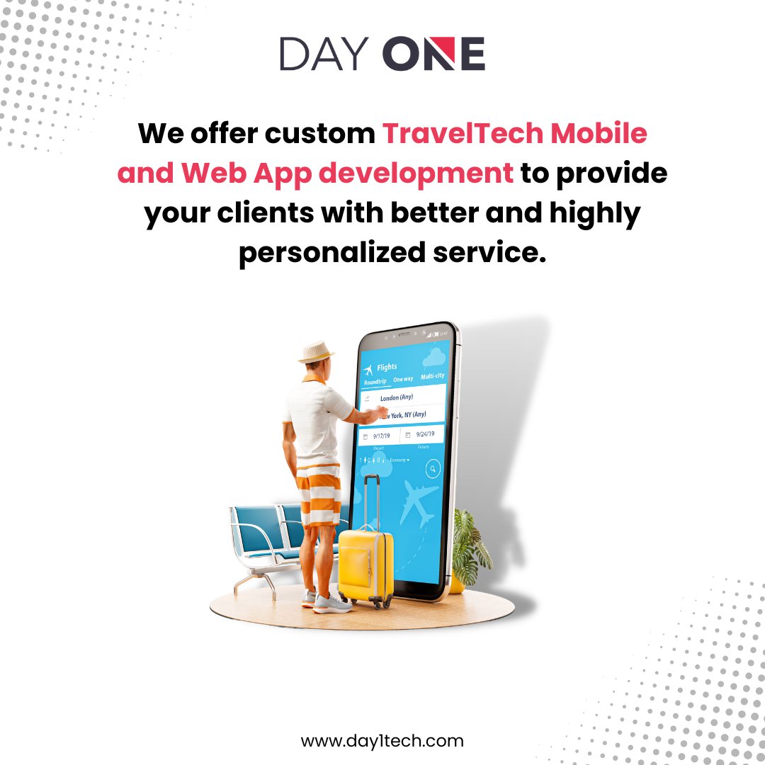 We provide unique TravelTech Mobile and Web App Development Services For Startup And Enterprises. day1tech.com/services/trave… #appdevelopment #dayone #dayonetech #traveltech #traveltechnology #appdevelopmentcompany #travelapp