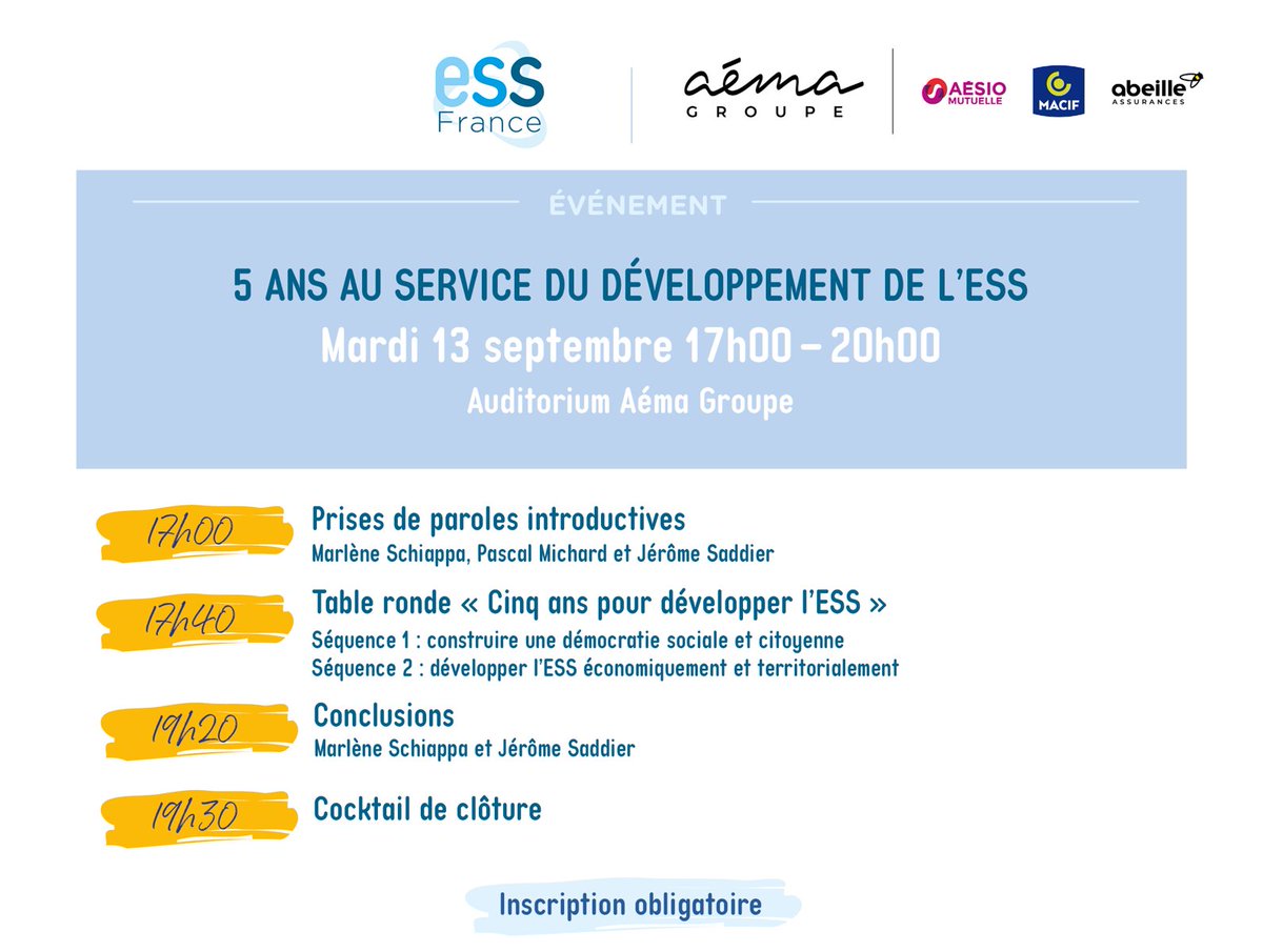 🗓️ Pour rappel, ESS France organise son événement de rentrée le 1️⃣3️⃣/ 0️⃣9️⃣ en partenariat avec <a href="/Aema_Groupe/">Aéma Groupe</a>!

🔹Une table ronde en 2 temps :
~ Construire une démocratie sociale &amp; citoyenne
~ Développement économique et territorial de l'#ESS

Inscript° ➡ ess-france.org/temps-fort-de-…