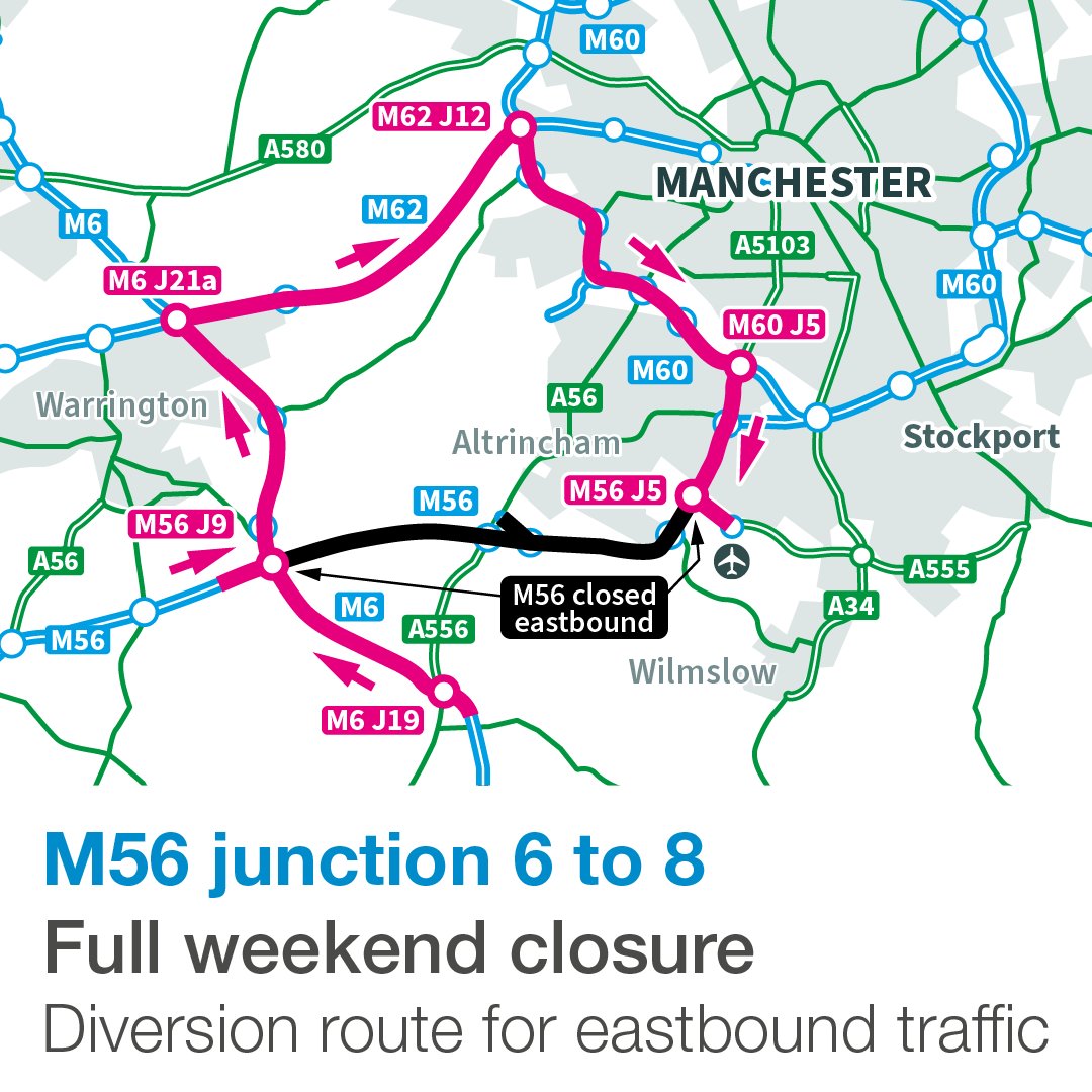 ⚠️⛔⚠️#M56 FULL WEEKEND CLOSURE, 9pm Fri 9 Sept to 6am Mon 12 Sept.

#J9 to #J5 closed EB ➡️ #Manchester
#J5 to #J8 closed WB ⬅️ #Manchester 

#J5 to #J7 WB also closed 9pm Fri 2 Sept to 6am Sun 4 Sept &amp; 9pm Sun to 6am Mon.

▶️nationalhighways.co.uk/our-work/north…

@OfficialTfGM <a href="/manairport/">Manchester Airport</a>