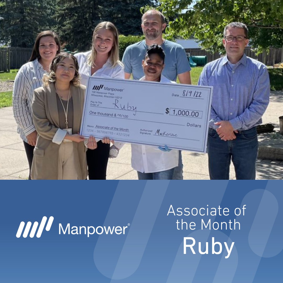 ManpowerTville's tweet photo. In the spotlight this month is Ruby, the Manpower MyPath Associate of the Month. She's an avid advocate for her workmates, the client's words, "has a contagious outpouring of positive energy that ripples across the production floor." https://t.co/vrj7Uhr2Tf