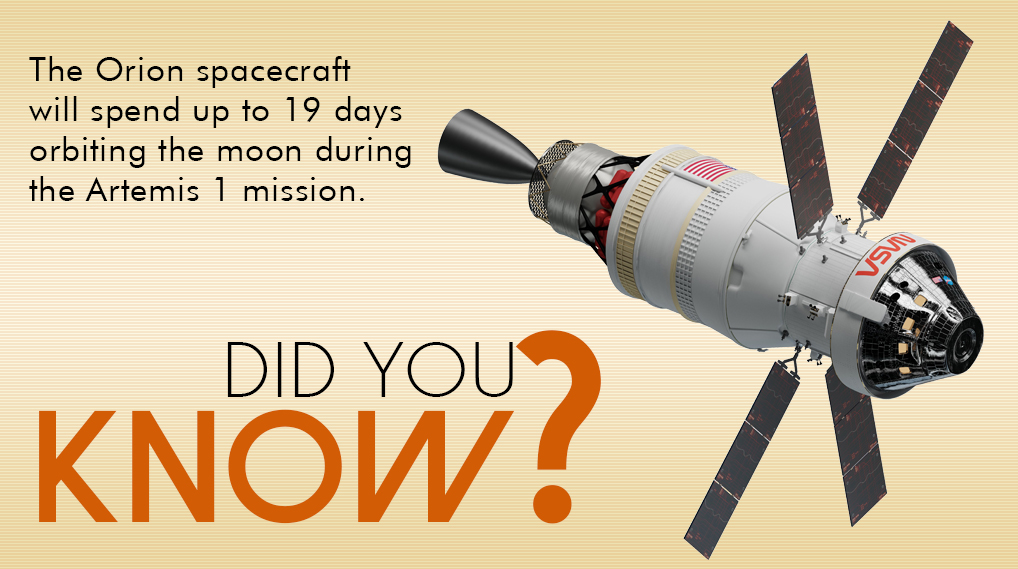 Titusville's tweet photo. Did you know the @NASA #orionspacecraft will spend up to 19 days orbiting the Moon during the @NASAArtemis 1 mission, which launches on Aug. 29 at 8:33 a.m.
#LaunchFromHere
#SpaceCoast https://t.co/d0wSLC7jcE