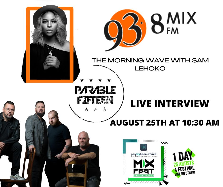 parablefifteen's tweet photo. Tune into "The Morning Wave with Sam Lehoko" on Mix 93.8 FM tomorrow, 25th August at 10.30am...
Marc chats to Sam about Parable Fifteen's upcoming performance at PayByFace Mix Fest

We can't wait - Get your tickets - https://t.co/UJ0ChrbbqO 🎟️

#MyMusicMyMix #music #mixfest https://t.co/61nOmdsChA