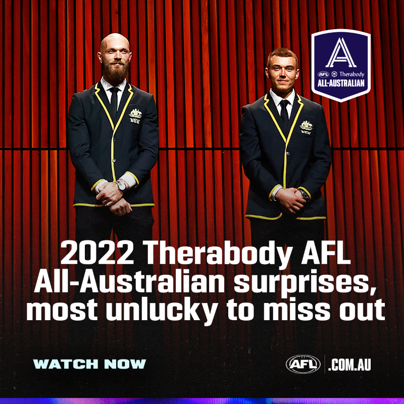 AFL's tweet photo. The 2022 @therabody AFL All-Australian side has been announced, along with a host of individual awards!

@AFLcomau's @RileyBev and @CalTwomey wrap up the 2022 #AFLAwards