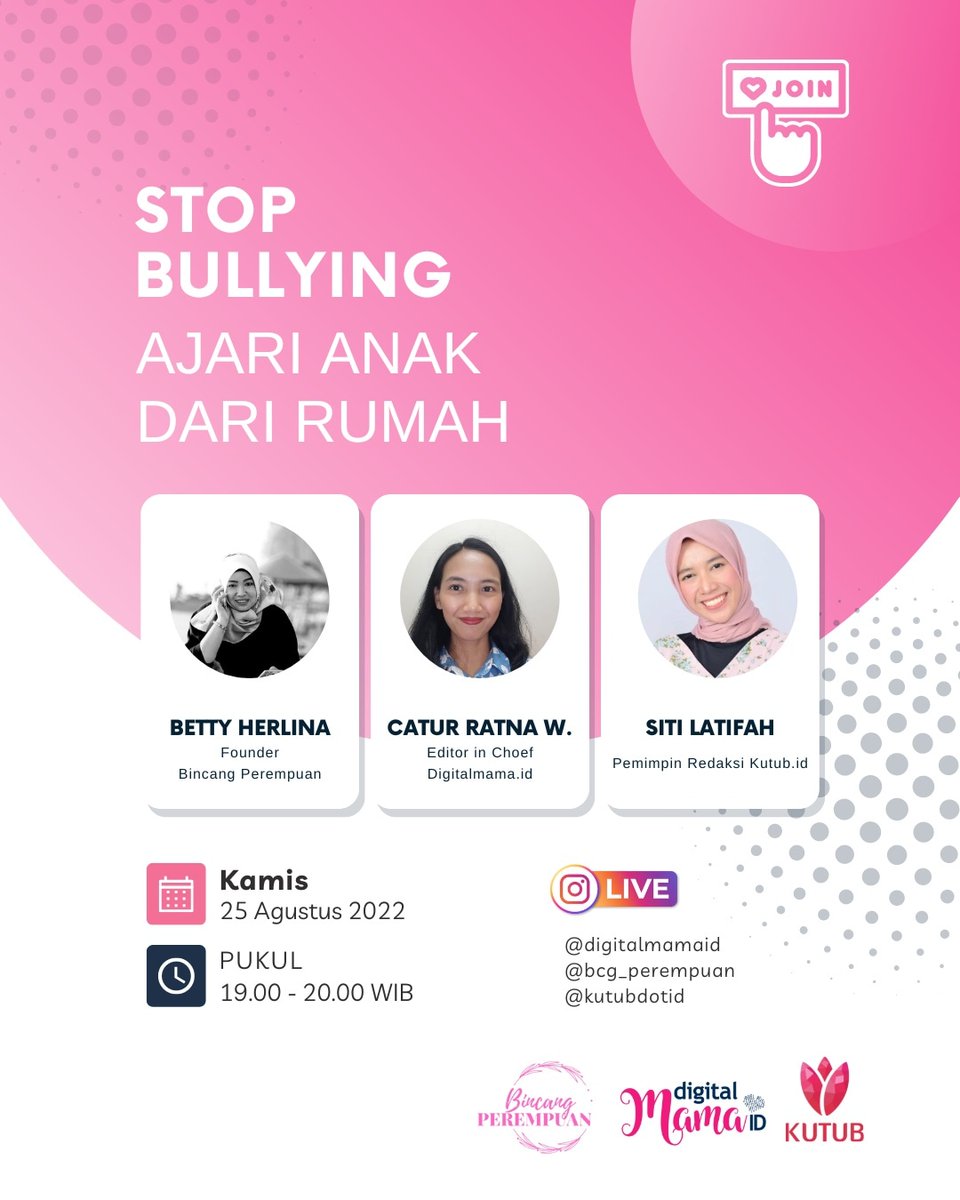 inidataid_'s tweet photo. STOP bullying!
Sering khawatir ga sih Mama.. bagaimana kalau anak kita jadi korban atau pelaku bullying? 
Apalagi bullying sekarang bisa terjadi di dunia maya juga
Yuk, bergabung untuk membahas soal ini! https://t.co/8TXR4bVkLg
