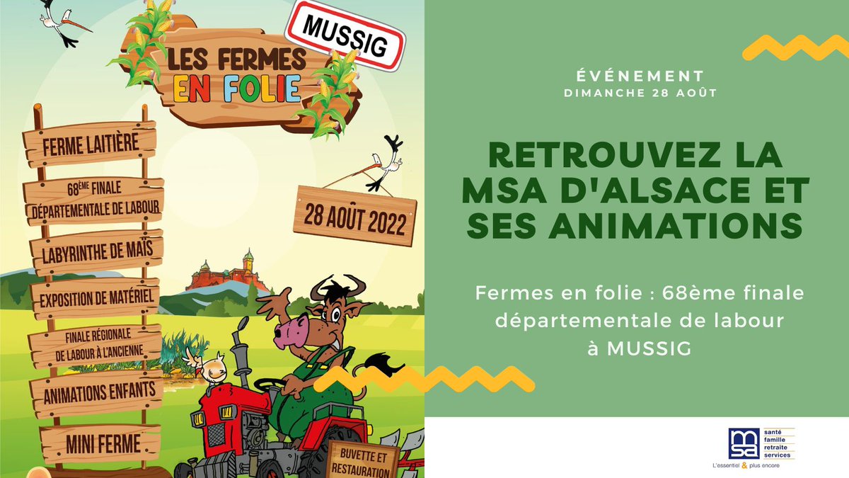Retrouvez-nous sur le stand #MSAAlsace à l'occasion de la 67ème finale départementale de labour à la Ferme Breitenheim, pour déguster un smoothie et participer à pleins d'activités sportives et ludiques... 

En savoir plus 👇 

alsace.msa.fr/agenda-alsace 

#MSA #BasRhin #Mussig