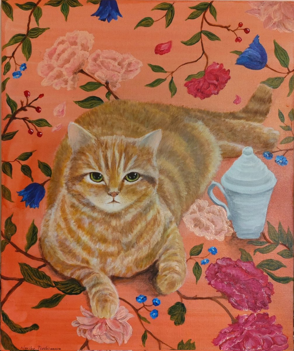 絵画 猫 A4 原画 手書き 一点もの アクリル画 茶トラ イラスト ネコ - 絵画