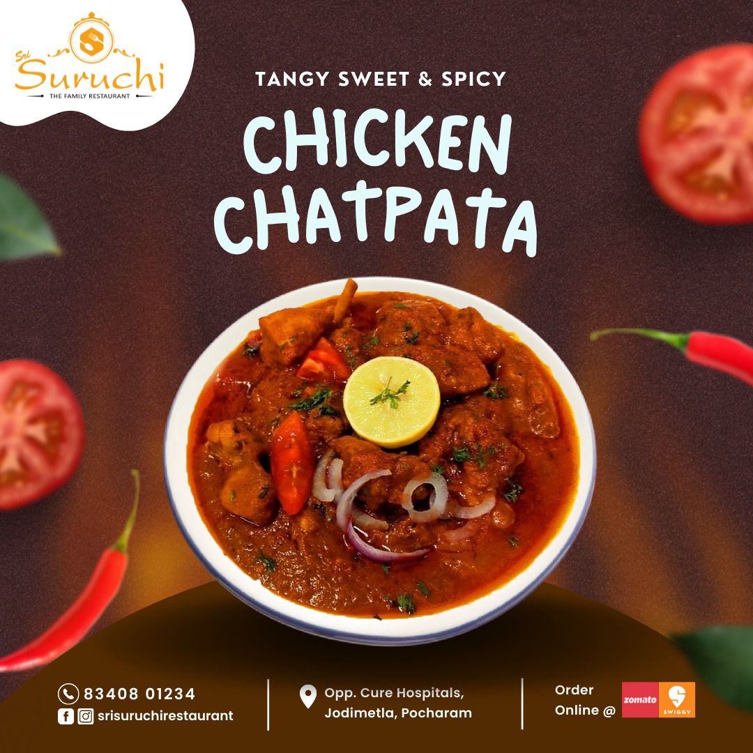 Srisuruchi's tweet photo. TANGY SWEET &amp; SPICY
CHICKEN CHATPATA
Address - Opp Cure Hospital, Jodimetla, Pocharam
Call For Inquiries - 8340801234

#srisuruchirestaurant #chicken #chickenchatpat #chatpat #chickencurry #chickenlover #nonveg #nonvegetarianfood #nonvegrecipes #Pocharam #GHATKESAR https://t.co/AEB8TYQIBc