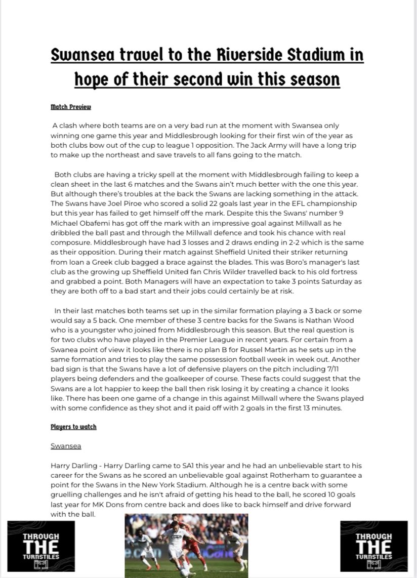 TurnstilesThe1's tweet photo. Match Preview                   Swansea take on Middlesbrough at the Riverside stadium and both teams will be wanting to win this after a shakey start to their seasons #swans #swanseacity #Middlesbrough #swansvmiddlesbrough #SWAVBORO https://t.co/ob3k9lpbUT