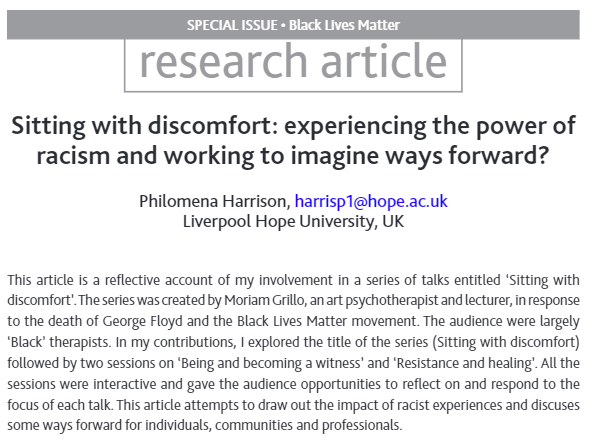 CRSWjournal's tweet photo. In our #BlackLivesMatter Special Issue Philomena Harrison reflects on her involvement in a series of talks 'Sitting with Discomfort' in response to the death of George Floyd

⭐FREE until the end of September⬇️

https://t.co/t7wfnsFimv

@LiverpoolHopeUK @moriamics #SocialWork https://t.co/xPg7lzmQsj