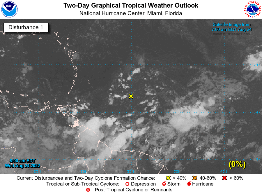 NHC_Atlantic's tweet photo. 8 am EDT Aug. 24: A tropical wave east of the Windward Islands has a low (20%) chance of becoming a tropical cyclone through early next week while moving westward across the Caribbean Sea.

https://t.co/m9946DpwNQ https://t.co/ePFa7nGrtW