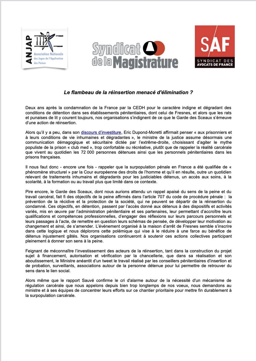 SMagistrature's tweet photo. Quand un ministre sans totem d'immunité se retrouve à la dérive sur les berges du RN, il n'hésite pas à sacrifier certains principes : de la réinsertion des condamnés à la responsabilité de son administration, plus rien ne l'arrête. Notre CP commun ⤵️ https://t.co/Puum0ywDp6