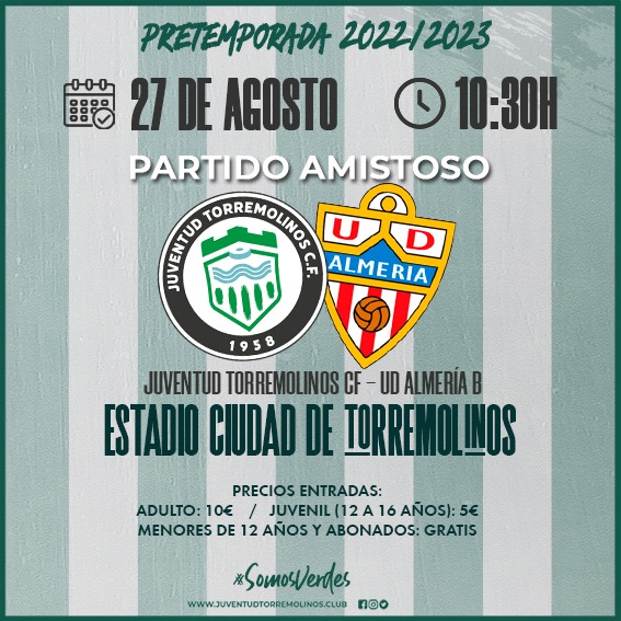 JTorremolinosCF's tweet photo. 🟢⚪️ Nuevo partido de #PRETEMPORADA 

🆚 @AcademiaUDA
🏟 Estadio Ciudad de Torremolinos.
⏰ 10.30h
📆 27 de agosto

🎟 Entradas:
- Adultos: 10€ 
- Juvenil: 5€
- Menores de 12 años y Abonados: Gratis

🤜🏼 ¡Os esperamos afición! 🤛🏼

#somosverdes #fútbol #RFEF #RFAF #Málaga #2RFEF https://t.co/0kDsteojyU