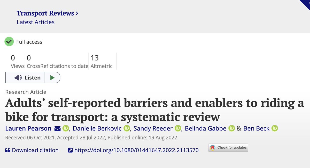 DavidZipper's tweet image. New paper reviews dozens of cycling studies in developed countries, asking why more people don't bike.

Answer: "The leading barriers [are] related to riding on the road alongside motor vehicles."

In other words: **Build protected bike lanes**

 doi.org/10.1080/014416…