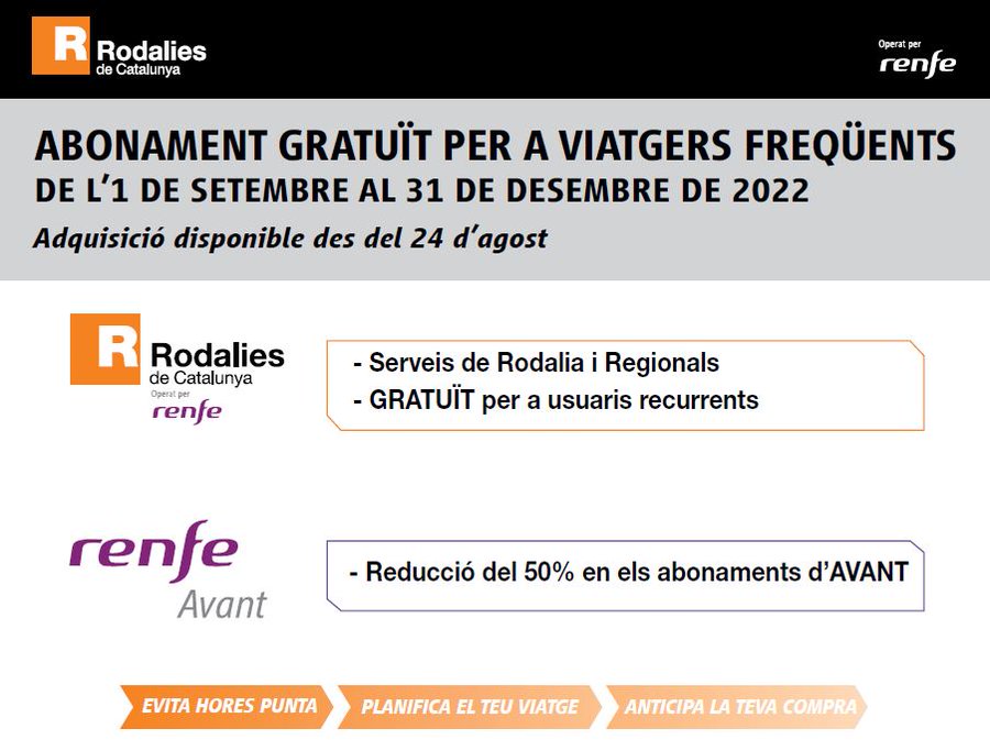 gencat's tweet photo. A partir d'avui es pot adquirir l'abonament gratuït per a viatgers freqüents de @rodalies (Rodalia i Regionals):

💳 Vàlid de l'1 de setembre al 31 de desembre. 
🚉 Viatges il·limitats.
👤 Personal i intransferible.

Tota la informació a https://t.co/okn20aZbB5 https://t.co/uI50wNq2Qb