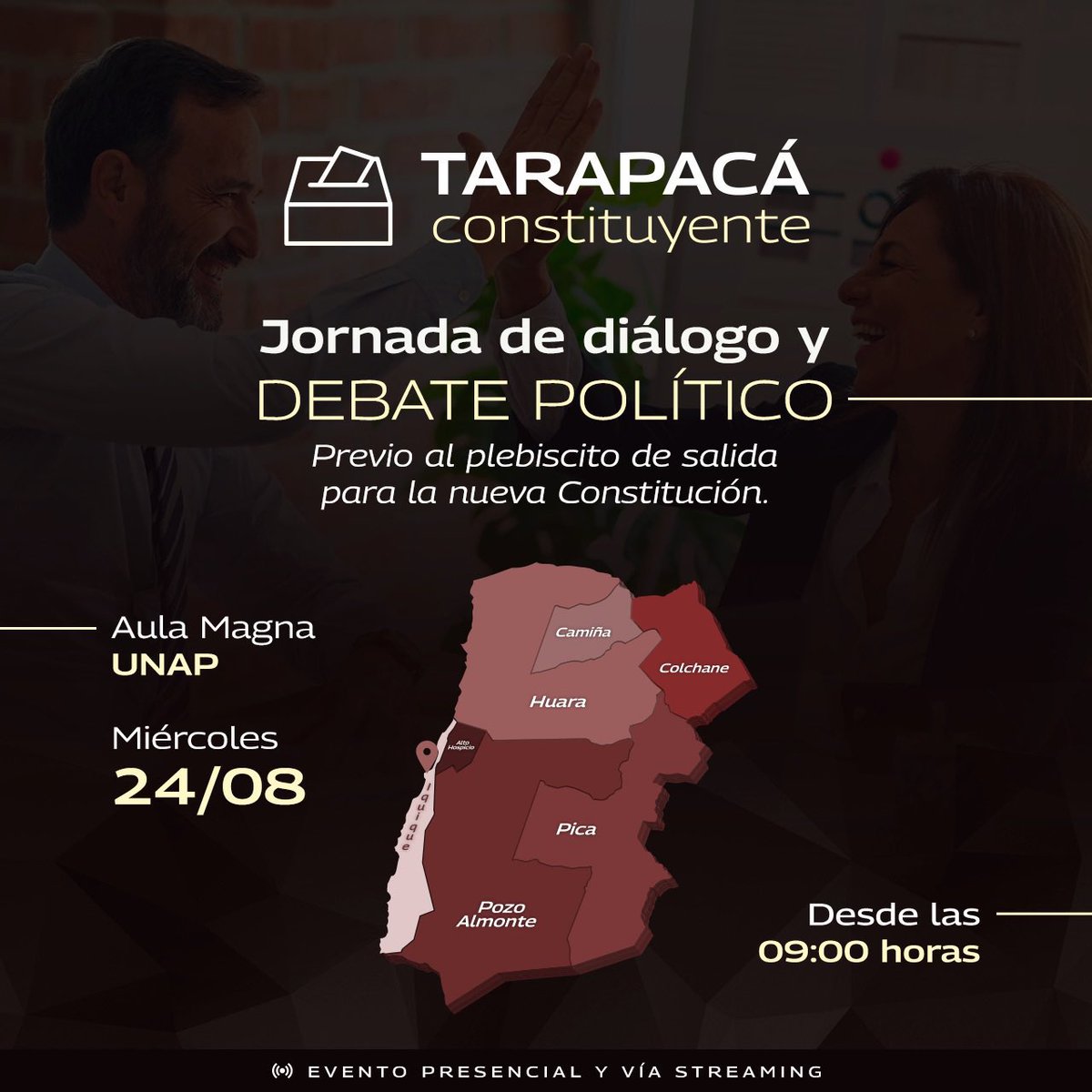 Hoy estaremos participando de esta  “Jornada de diálogo y debate político regional previo al plebiscito de salida”, oportunidad en la que nos reencontraremos con los ex constituyentes de la región, y analizaremos la propuesta de Nueva Constitución.

#AprueboUnChileMejor