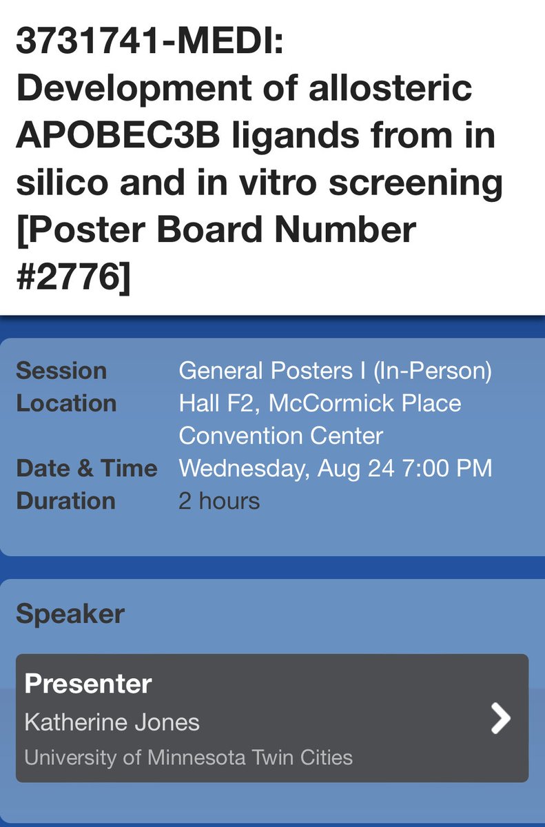 DanHarki's tweet photo. Wednesday presentations by #HarkiLab members at #ACSChicago2022. Check out the work by ⁦@_ChemKat⁩ and Michael Grillo to develop ligands targeting APOBEC3B DNA cytosine deaminase. ⁦@AcsMedi⁩ @UMNChemistry⁩ ⁦@UMN_MedChem⁩. https://t.co/M6XJtoJCar