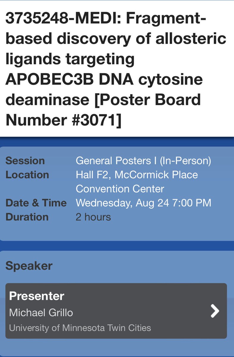 DanHarki's tweet photo. Wednesday presentations by #HarkiLab members at #ACSChicago2022. Check out the work by ⁦@_ChemKat⁩ and Michael Grillo to develop ligands targeting APOBEC3B DNA cytosine deaminase. ⁦@AcsMedi⁩ @UMNChemistry⁩ ⁦@UMN_MedChem⁩. https://t.co/M6XJtoJCar