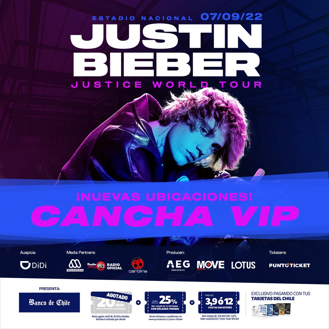 lotusmusica's tweet photo. ¿Con ganas de ver a @justinbieber? Esta es la tuya 👀...¡Se liberaron nuevas ubicaciones en Cancha Vip! No te pierdas el #JusticeWorldTour este 7 de septiembre! Entradas en @puntoticket https://t.co/pKMEkVnraV https://t.co/bnScpSDqcx