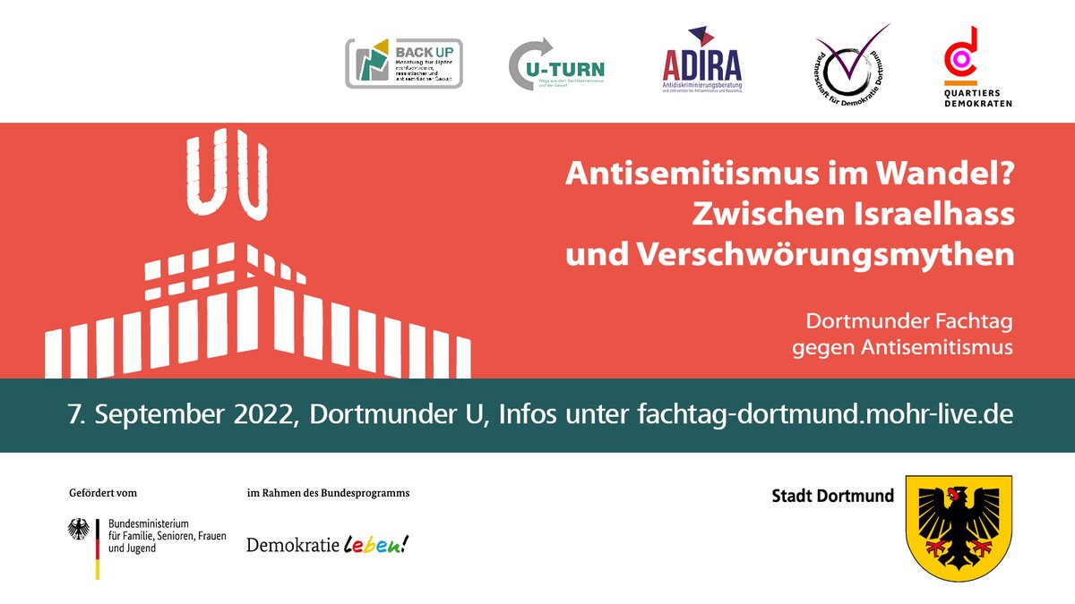 Noch bis zum 30. August könnt ihr euch für unseren Fachtag gegen #Antisemitismus am 07. September in #Dortmund anmelden, den wir gemeinsam mit <a href="/stadtdortmund/">Stadt Dortmund</a>, @UTurn_Dortmund, <a href="/BackUpNRW/">BackUp - Beratung für Betroffene rechter Gewalt</a> und <a href="/qd_dorstfeld/">Quartiersdemokraten</a> und <a href="/DortmundPfd/">Partnerschaft für Demokratie Dortmund</a> organisieren!

Anmeldung unter: fachtag-dortmund.mohr-live.de