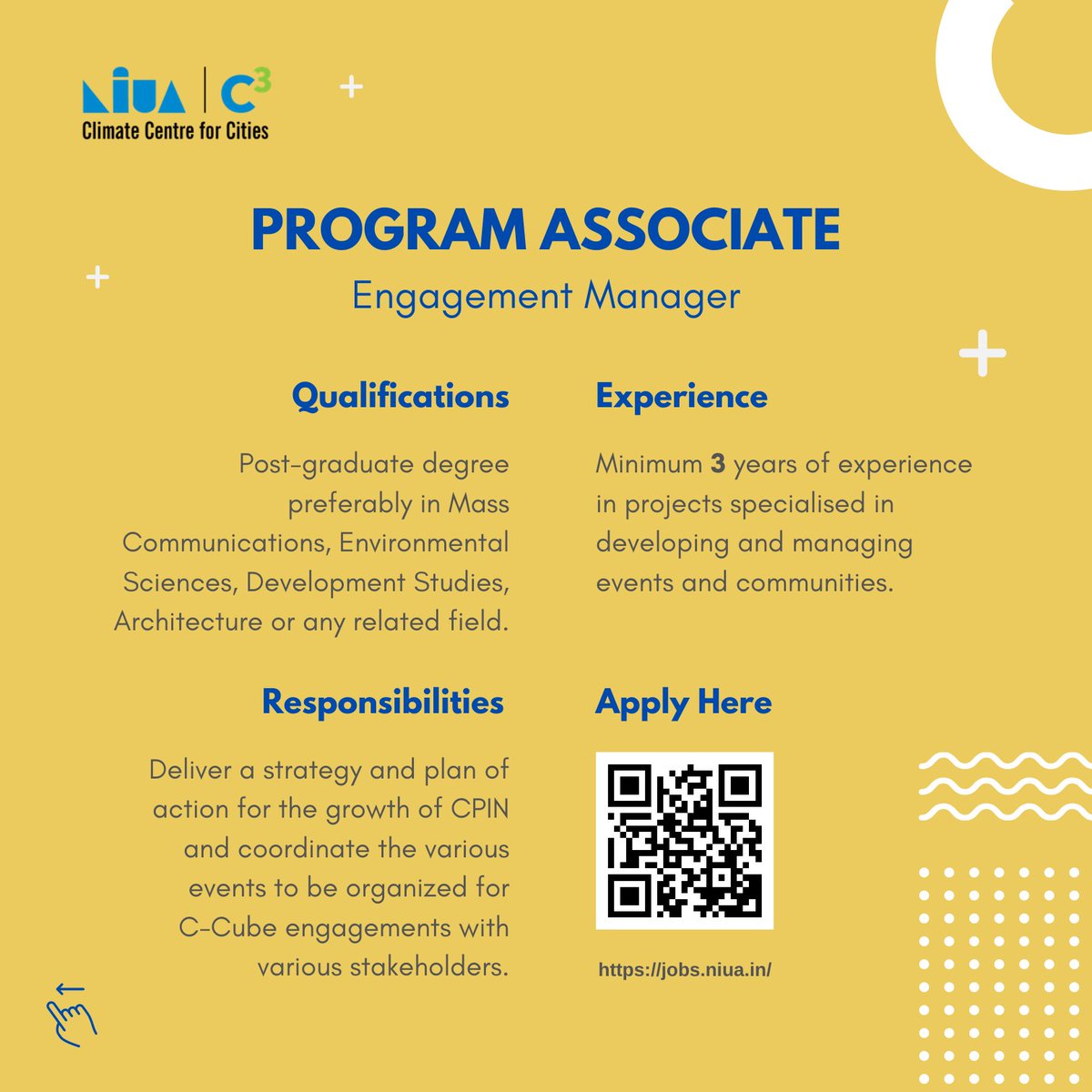 Climate Centre for Cities (C-Cube), NIUA (@c3_niua) on Twitter photo We have extended the deadline to apply for 8 positions to 31 August 2022.
•Senior Associate (Capacity Building)
•Senior Associate (Policy)
•Senior Associate (Net Zero)
•Program Associate (Engagement Manager)
#jobs #hiring #professionals #climatejobs
<a href="/NIUA_India/">NIUA_India</a>
(1/2) We have extended the deadline to apply for 8 positions to 31 August 2022.
•Senior Associate (Capacity Building)
•Senior Associate (Policy)
•Senior Associate (Net Zero)
•Program Associate (Engagement Manager)
#jobs #hiring #professionals #climatejobs
<a href="/NIUA_India/">NIUA_India</a>
(1/2)