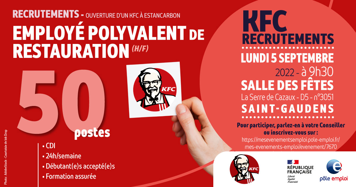 #Tousmobilisés #Emploi en #Comminges #SaintGaudens
Pôle Emploi continue son accompagnement auprès de  KFC dans le recrutement de 5⃣0⃣ employé(e)s polyvalent(e)s pour son ouverture à Estancarbon. 
📢Vous êtes intéressés, inscrivez vous !
@Poleemploi_oc <a href="/KFCFrance/">KFC France</a>