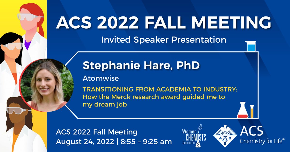 Atomwise scientist Stephanie Hare, a past #WCCAward winner gives an invited talk at the #ACSFALL2022 meeting TODAY, August 24, 2022 in a hybrid session from 8:55 AM - 9:25 AM CT in-person at Regency E (Hyatt Regency McCormick Place). hubs.la/Q01kzbkF0