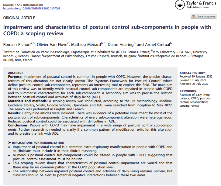 RomainPichon's tweet photo. ✔️Notre scoping review sur le contrôle postural des personnes atteintes de BPCO publiée dans @DisabilityRehab 

👋Interested in learning more about postural control in people with COPD ? Hope that our scoping review can help you:  https://t.co/fhdtDLBWgV

@IFPEK_Rennes @m2slab https://t.co/BvI9rnDfNd