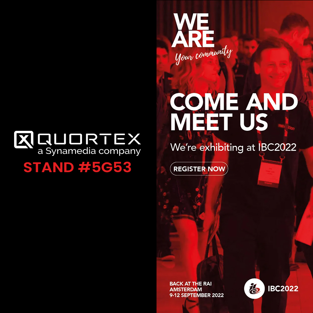 Quortex will be at IBC 2022 on its booth 5G53 and on Synamedia one. 
Do you plan to come? 
😉 Let's meet: bit.ly/3Ct1blj

#quortex #synamedia #greenerstreaming #streaming #quortexIO