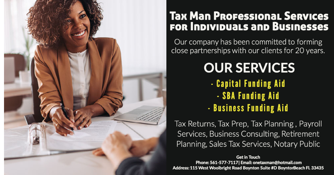 TheTaxManFL's tweet photo. Tax Man Professional Servicesfor Individuals & Businesses. Our company has been committed to forming close partnerships w/our clients for 20 years.
https://t.co/tdPebfa8WZ
#SBAFundingAid #BusinessFundingAid #SouthFlorida #CapitalFundingAid #Finances #Notary #FinancialConsulting https://t.co/wi9MZy5Cnv
